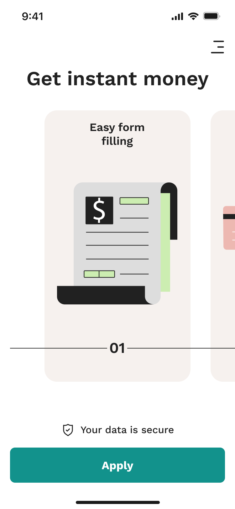 App home screen: Get instant money, with an Apply button
